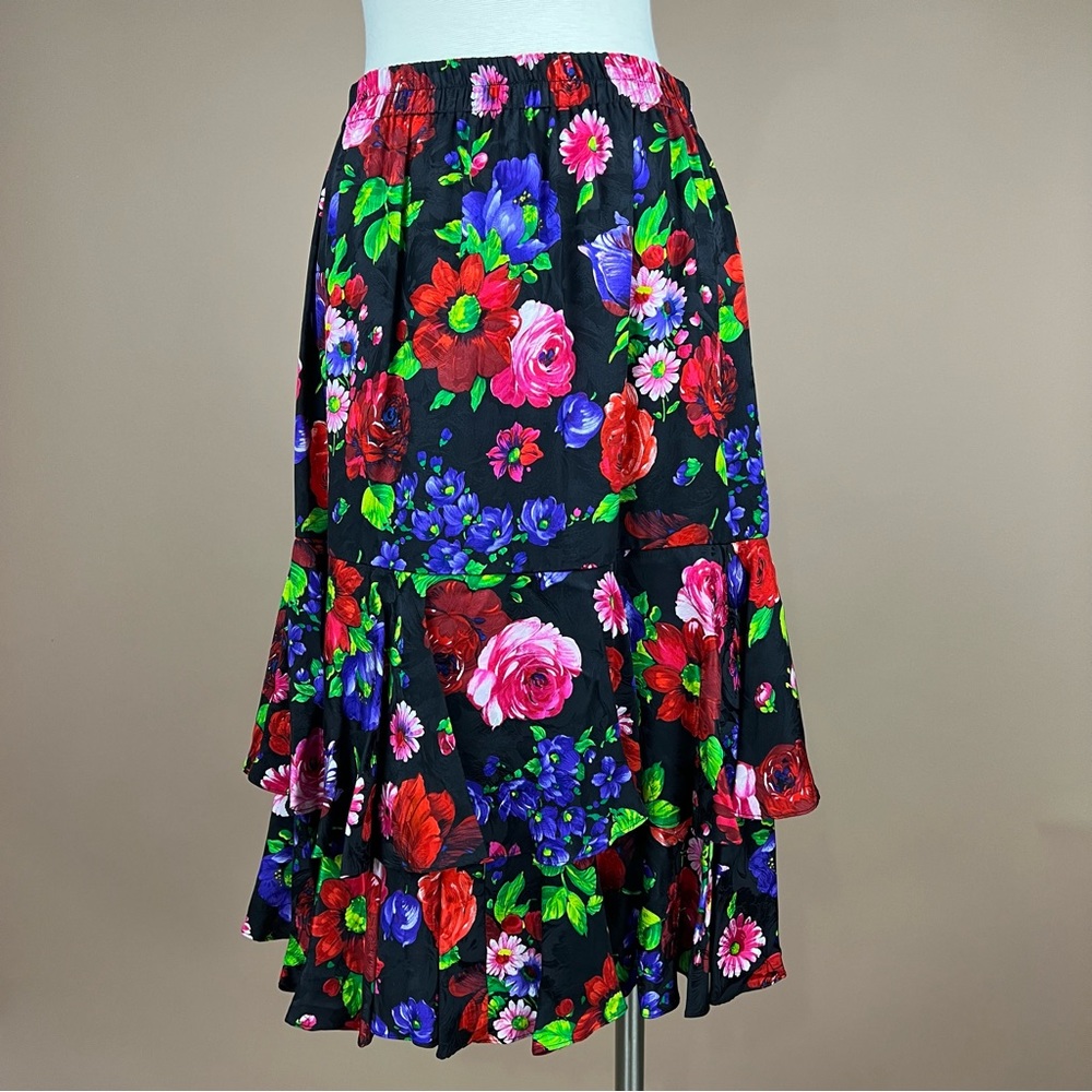 Vintage Women’s Size M/L Silk Floral Print Tiered Skirt with Elastic Waist